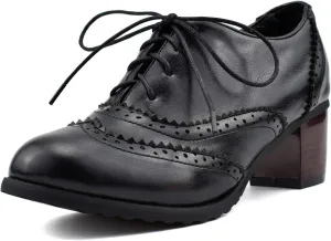 100FIXEO Women Block Heel Wingtip Oxford Shoes Vintage Chunky Heel Saddle Shoes