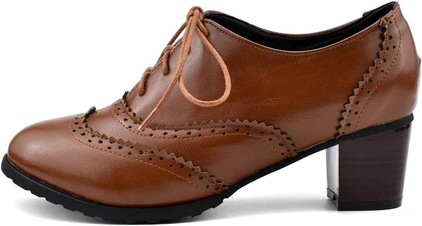 100FIXEO Women Block Heel Wingtip Oxford Shoes Vintage Chunky Heel Saddle Shoes