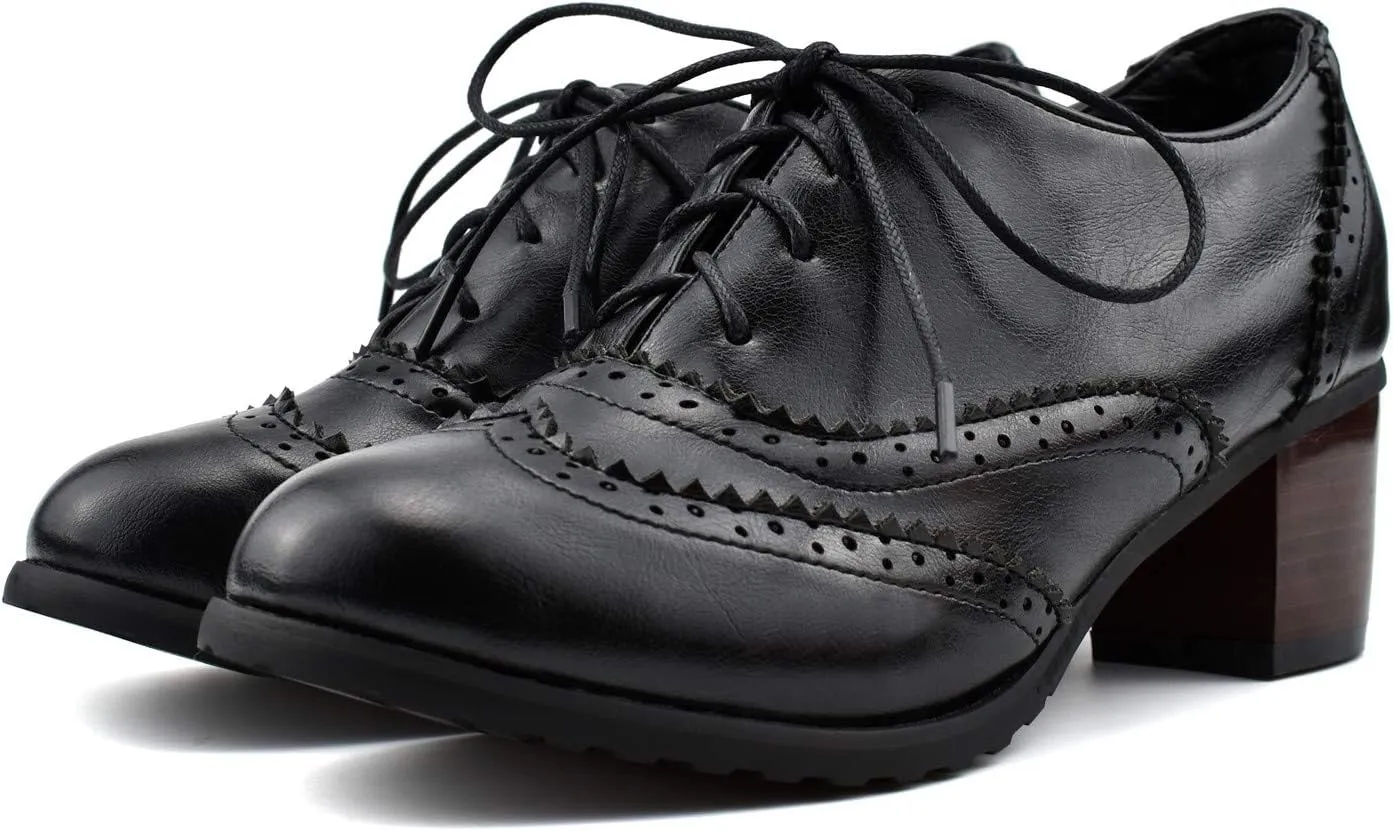 100FIXEO Women Block Heel Wingtip Oxford Shoes Vintage Chunky Heel Saddle Shoes