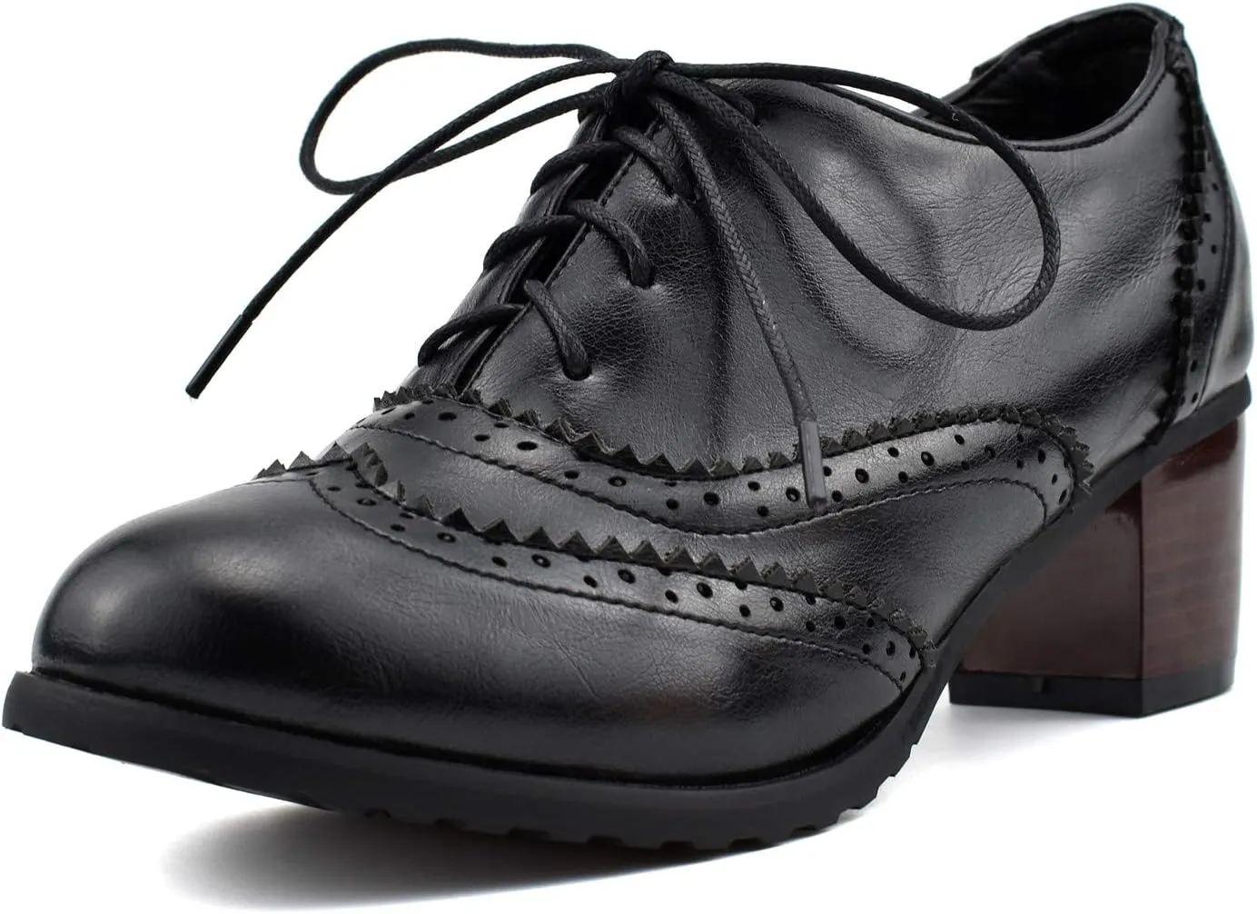 100FIXEO Women Block Heel Wingtip Oxford Shoes Vintage Chunky Heel Saddle Shoes