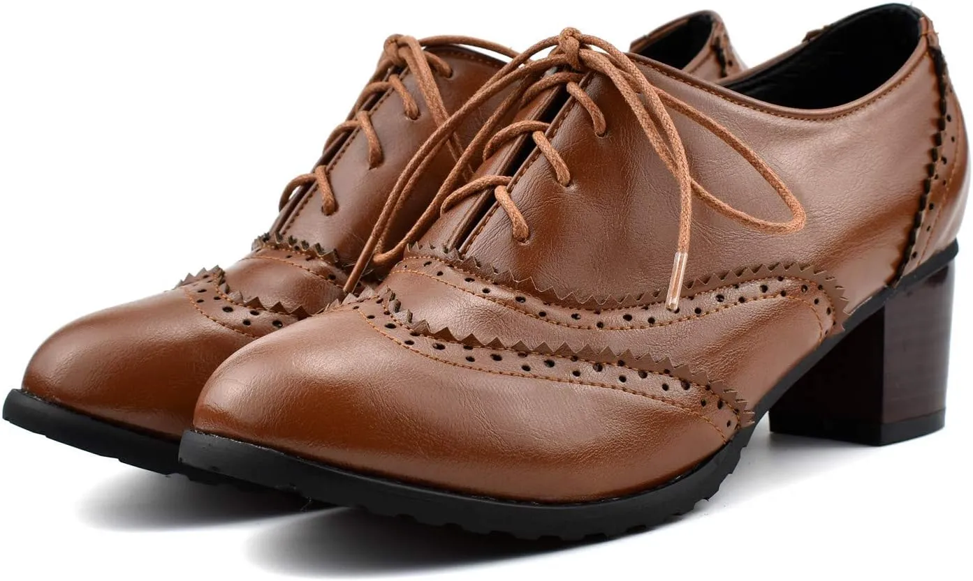 100FIXEO Women Block Heel Wingtip Oxford Shoes Vintage Chunky Heel Saddle Shoes