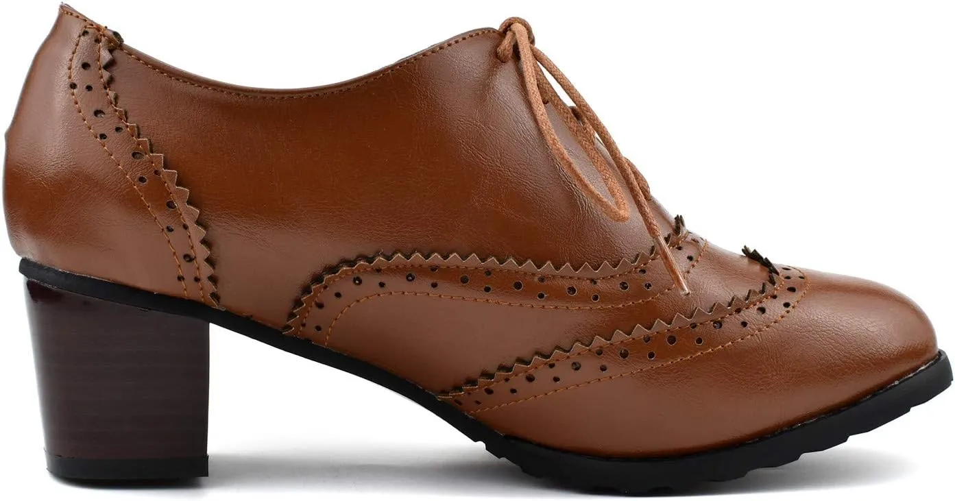 100FIXEO Women Block Heel Wingtip Oxford Shoes Vintage Chunky Heel Saddle Shoes