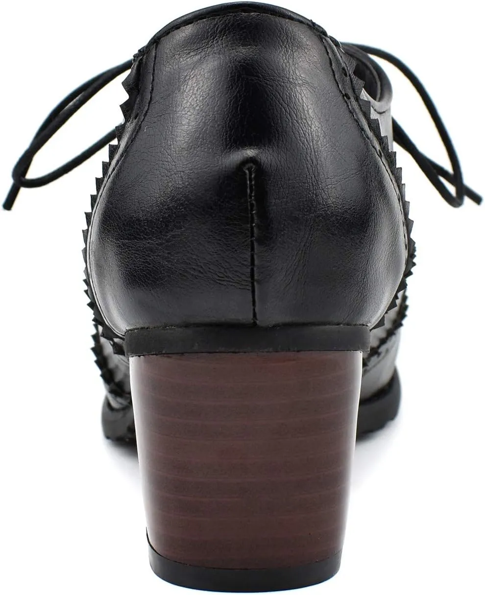 100FIXEO Women Block Heel Wingtip Oxford Shoes Vintage Chunky Heel Saddle Shoes