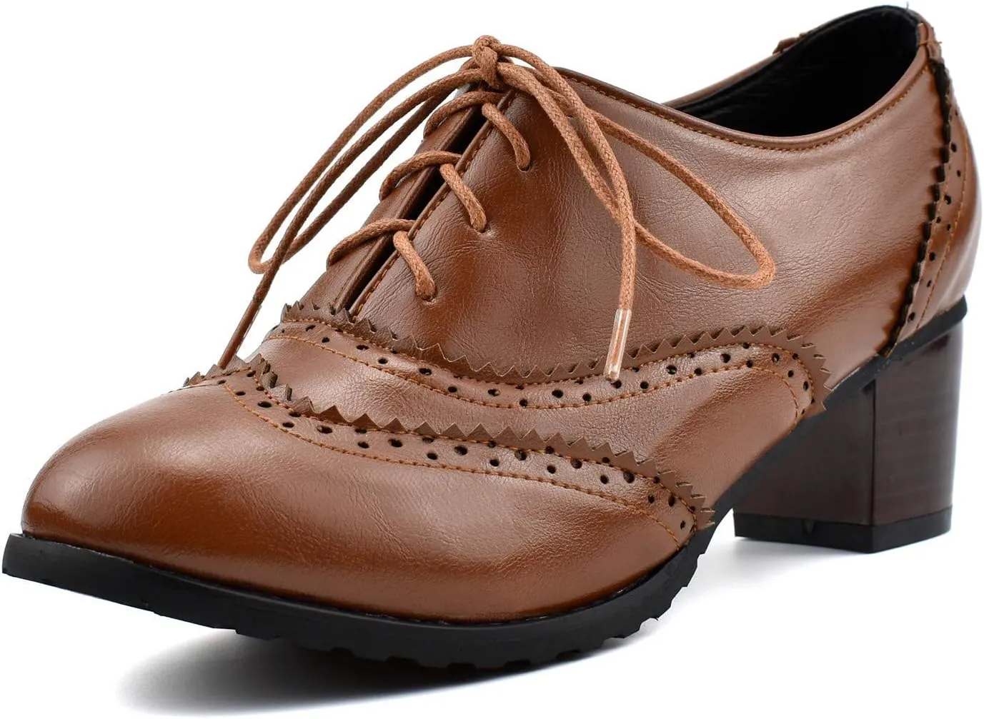 100FIXEO Women Block Heel Wingtip Oxford Shoes Vintage Chunky Heel Saddle Shoes