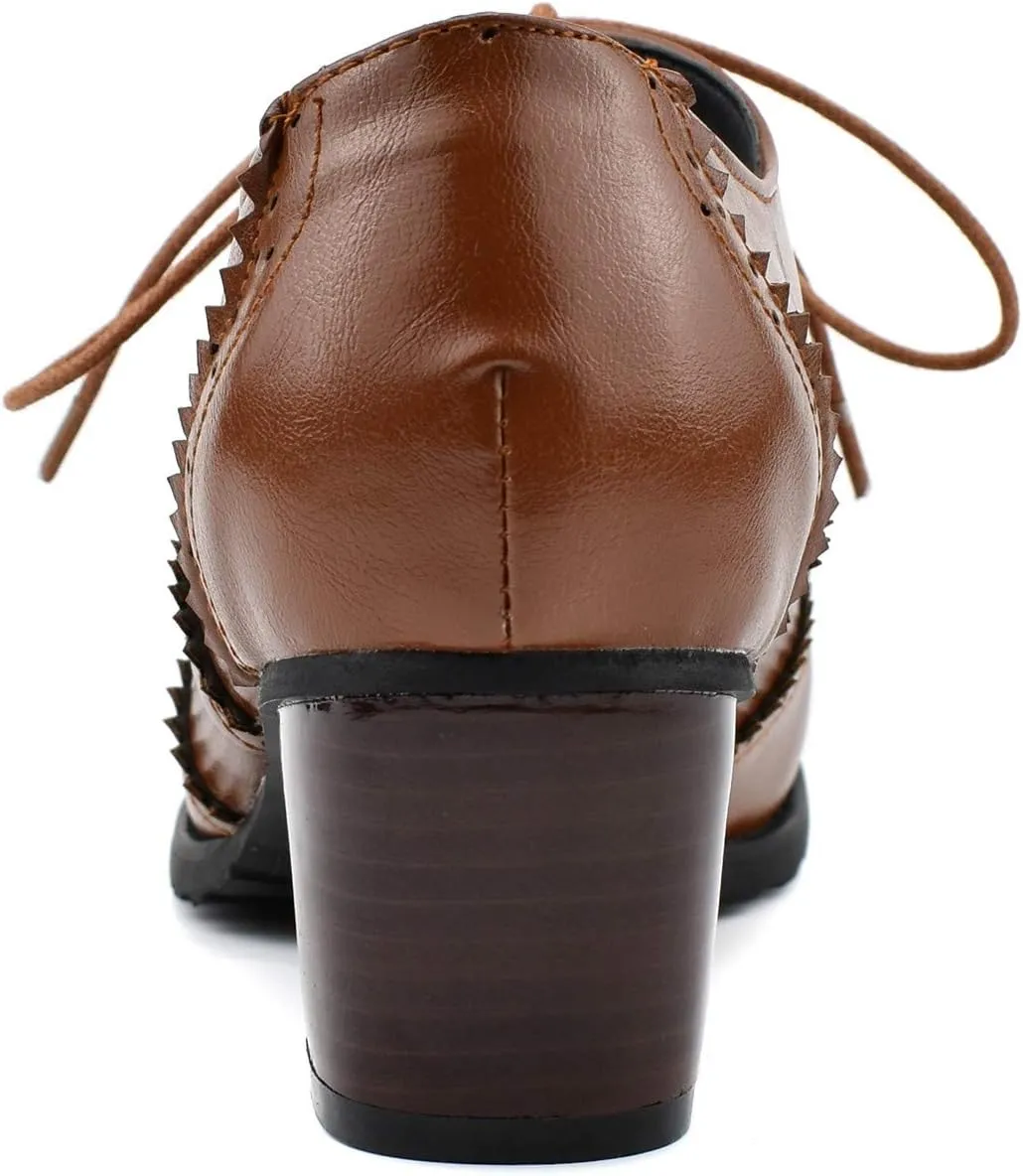 100FIXEO Women Block Heel Wingtip Oxford Shoes Vintage Chunky Heel Saddle Shoes