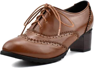 100FIXEO Women Block Heel Wingtip Oxford Shoes Vintage Chunky Heel Saddle Shoes