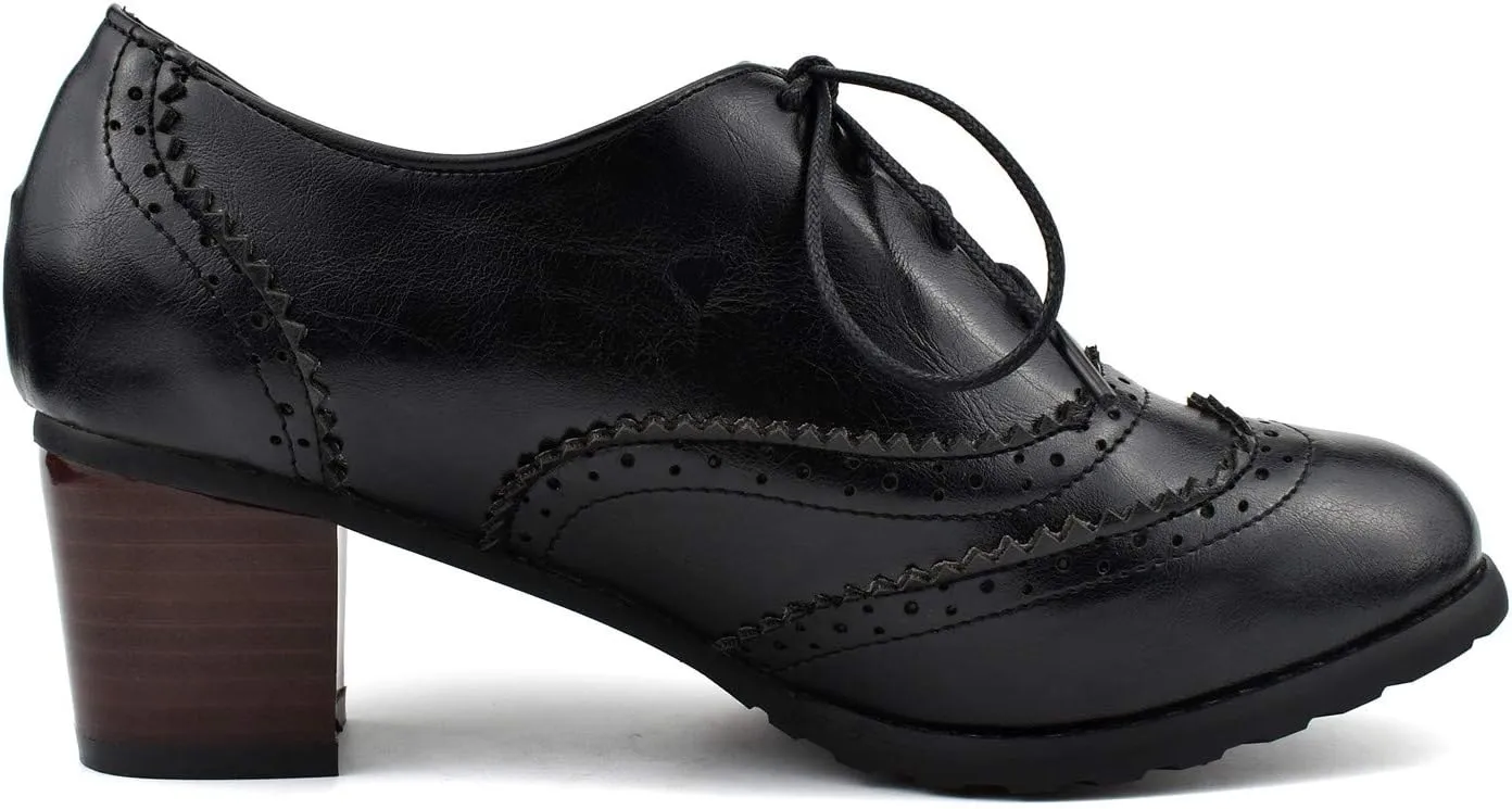 100FIXEO Women Block Heel Wingtip Oxford Shoes Vintage Chunky Heel Saddle Shoes