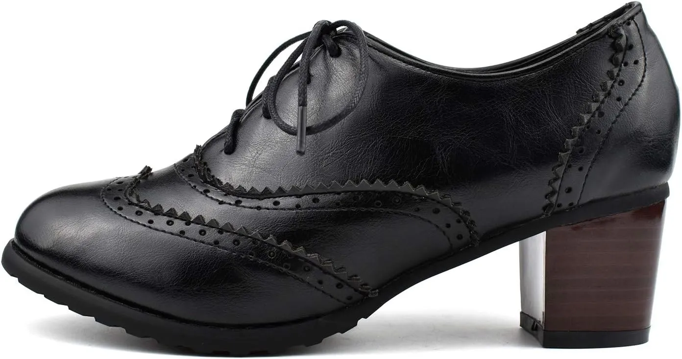 100FIXEO Women Block Heel Wingtip Oxford Shoes Vintage Chunky Heel Saddle Shoes