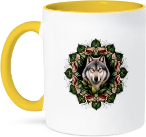 3dRose Coffee Mug, Size - 15oz - A Timber Wolf Surrounded By Ladys Slipper Minnesota State Tattoo Art Vector Art - Minnesota Mammal Flower - funny coffee cup gift