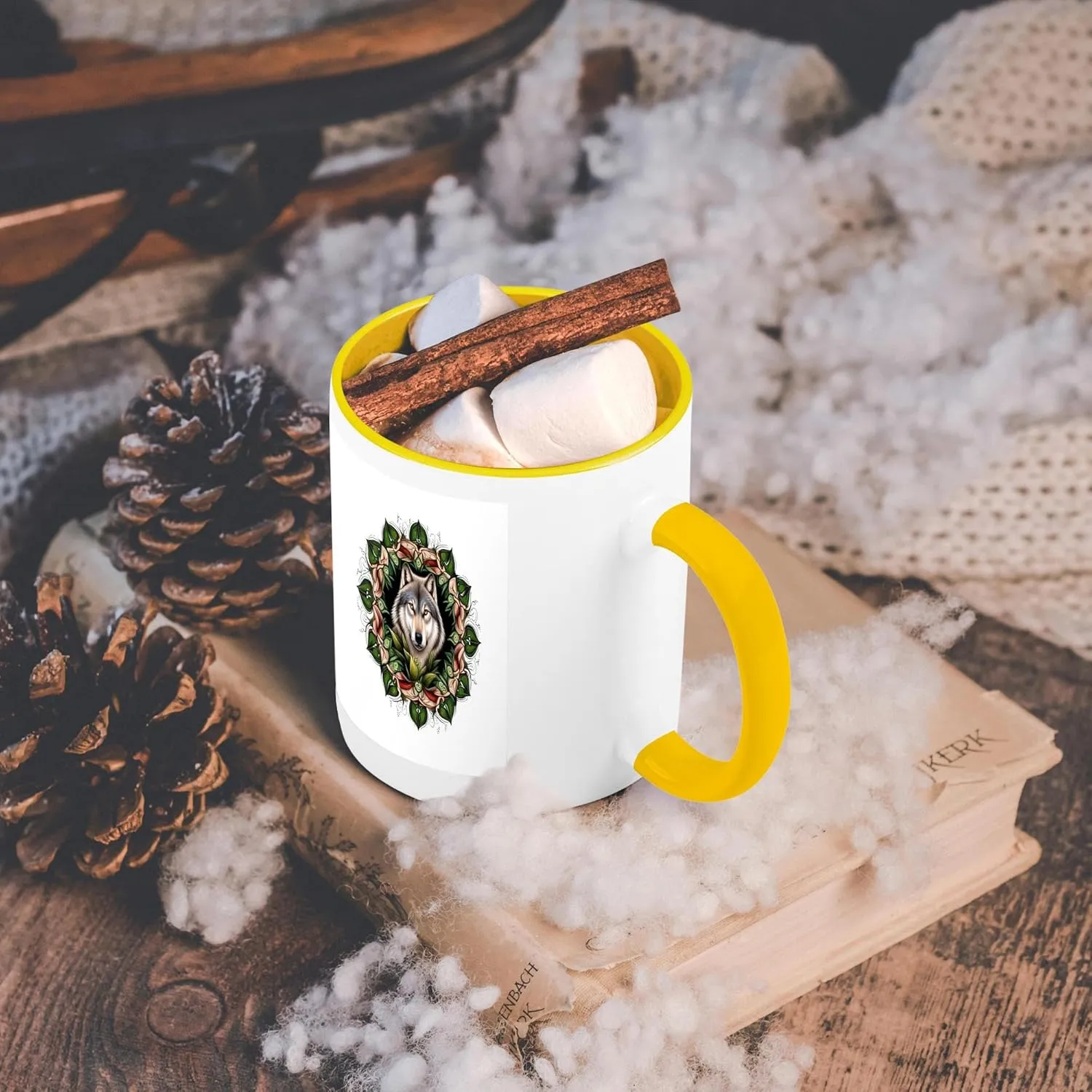 3dRose Coffee Mug, Size - 15oz - A Timber Wolf Surrounded By Ladys Slipper Minnesota State Tattoo Art Vector Art - Minnesota Mammal Flower - funny coffee cup gift