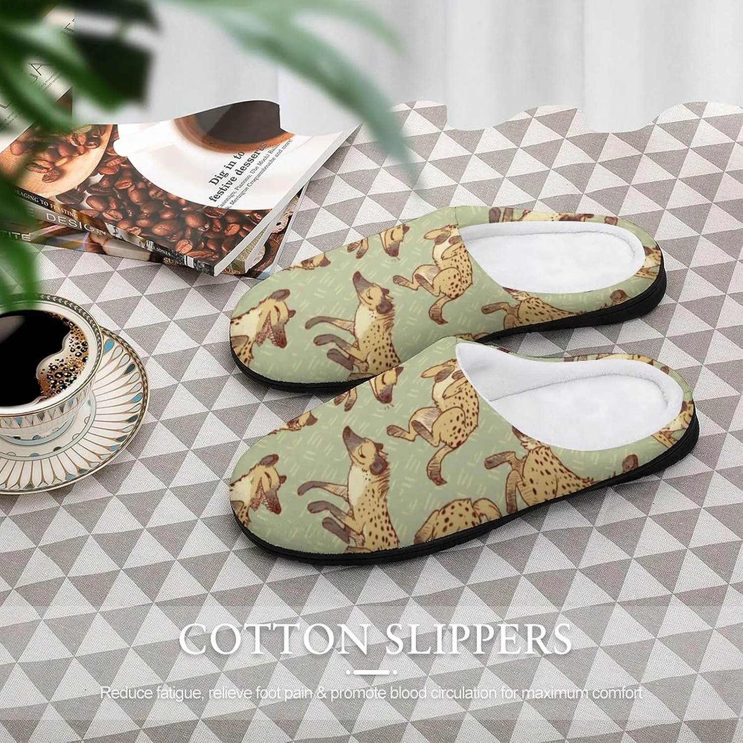 African Hyena Cotton Slippers Memory Foam House Slippers Closed Toe Winter Warm Shoes
