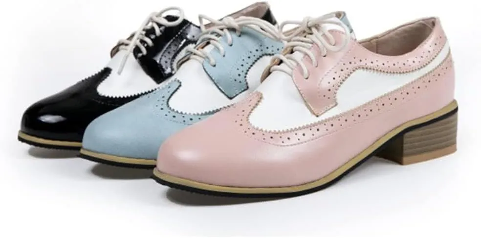 AIMODOR Womens Wingtip Oxford Stacked Heel Lace Up Round Toe Brogue Shoes