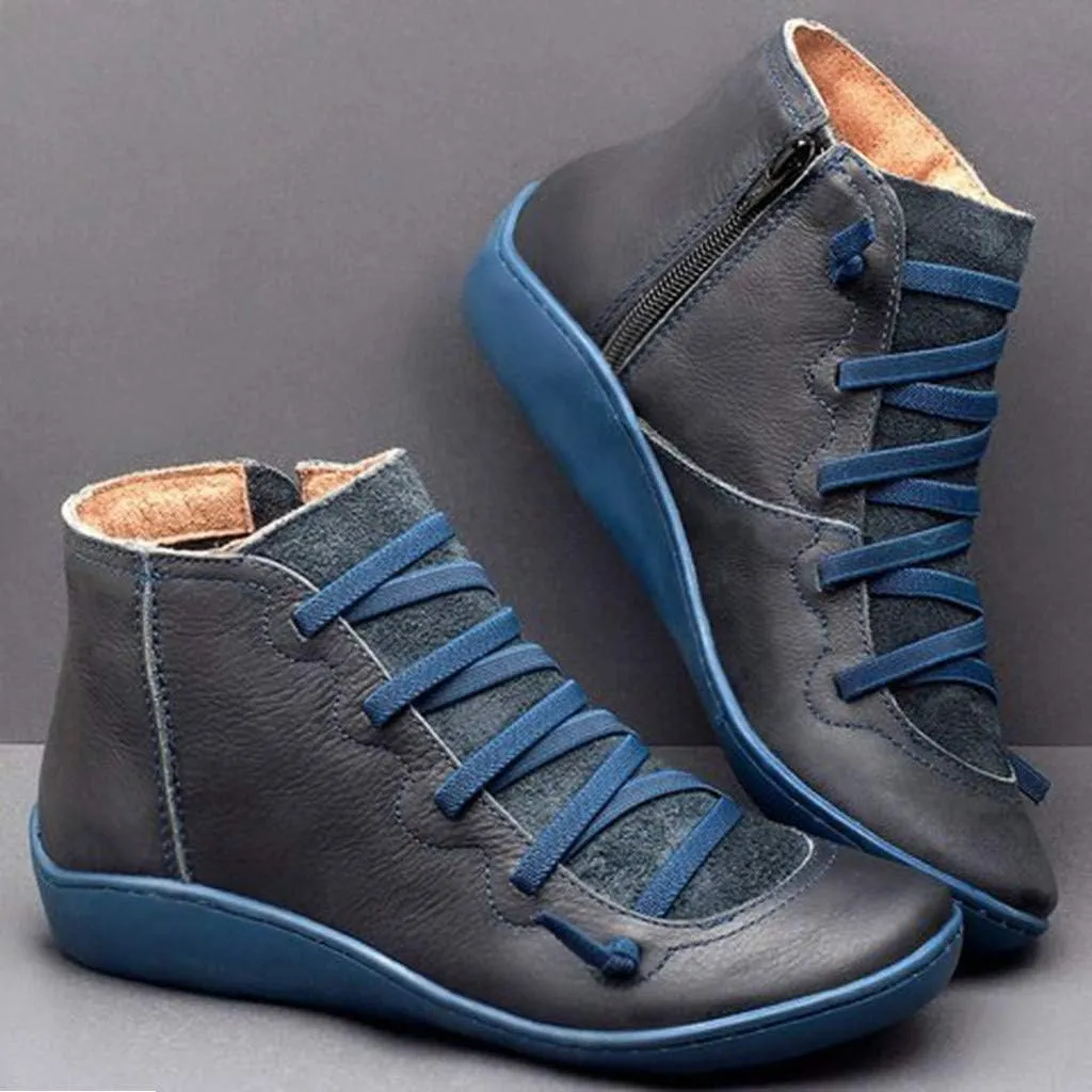 AMDBEL Cowboy Boots For Women Short, Arch Support Low Heel Fashion Lace Up Zipper Booties Slip On Leather Short Booties
