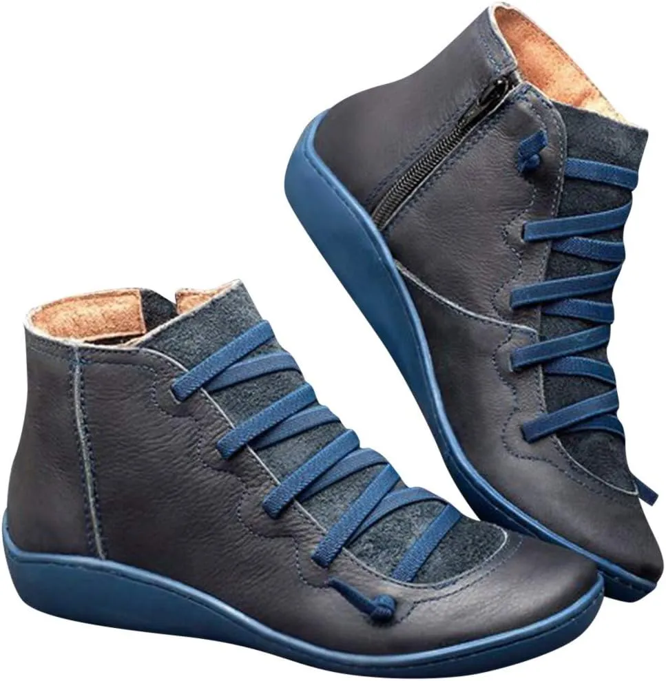 AMDBEL Cowboy Boots For Women Short, Arch Support Low Heel Fashion Lace Up Zipper Booties Slip On Leather Short Booties