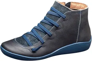 AMDBEL Cowboy Boots For Women Short, Arch Support Low Heel Fashion Lace Up Zipper Booties Slip On Leather Short Booties