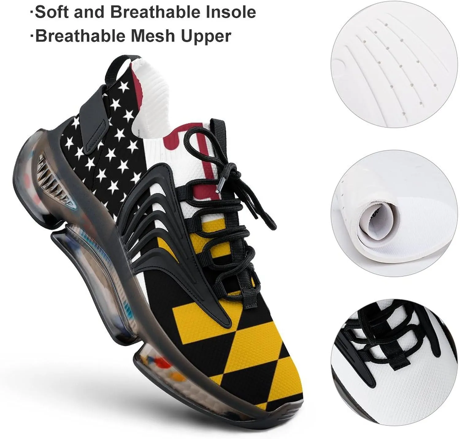 American Maryland Flag Comfortable Running Shoes for Men Quick Dry Non-Slip Tennis Gym Sneakers