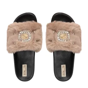 Aubrey Mink Luxury Plush Diamanté Embellished Handmade Sliders