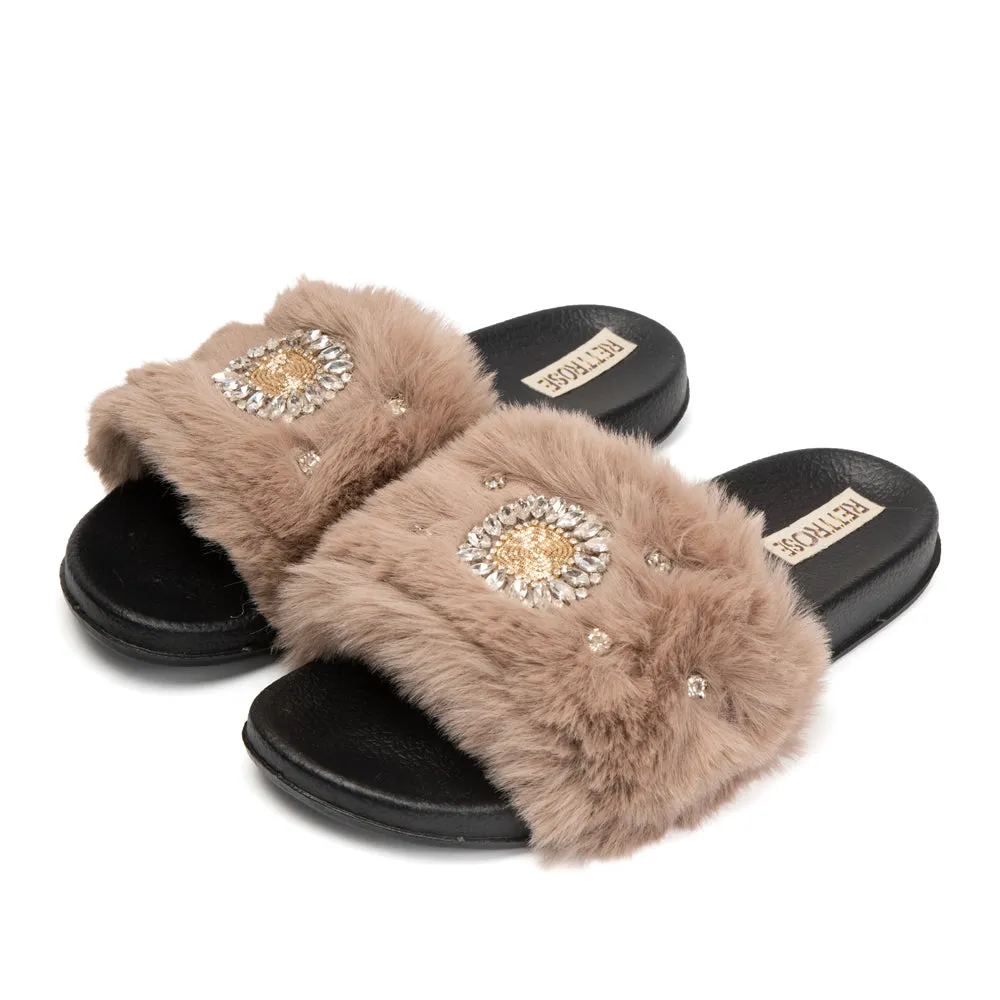 Aubrey Mink Luxury Plush Diamanté Embellished Handmade Sliders