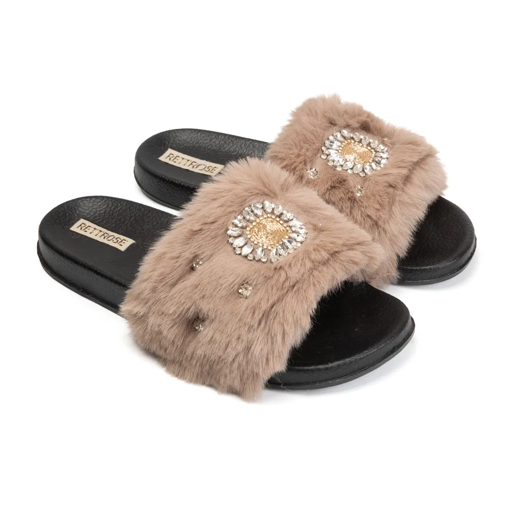 Aubrey Mink Luxury Plush Diamanté Embellished Handmade Sliders