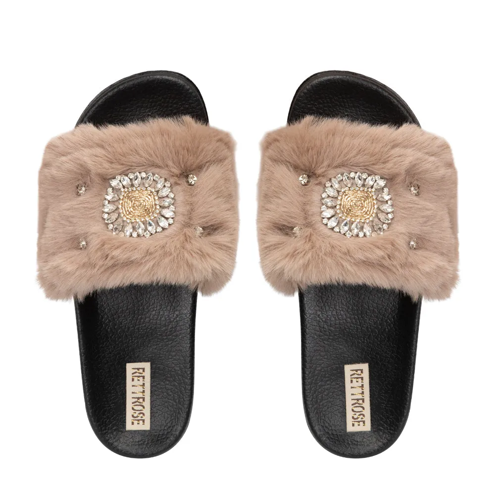 Aubrey Mink Luxury Plush Diamanté Embellished Handmade Sliders