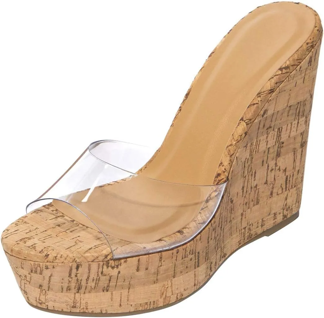 BAMBOO Women's Lucite Clear Wedge Heel Open Toe Slip On Mule Dress Shoe (7.5, Natural Cork)