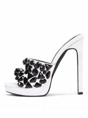 Bargain Fairchild Campbell Stiletto White Slide Jeffrey Mule Toe Invitation-only sale Encrusted Heel Open