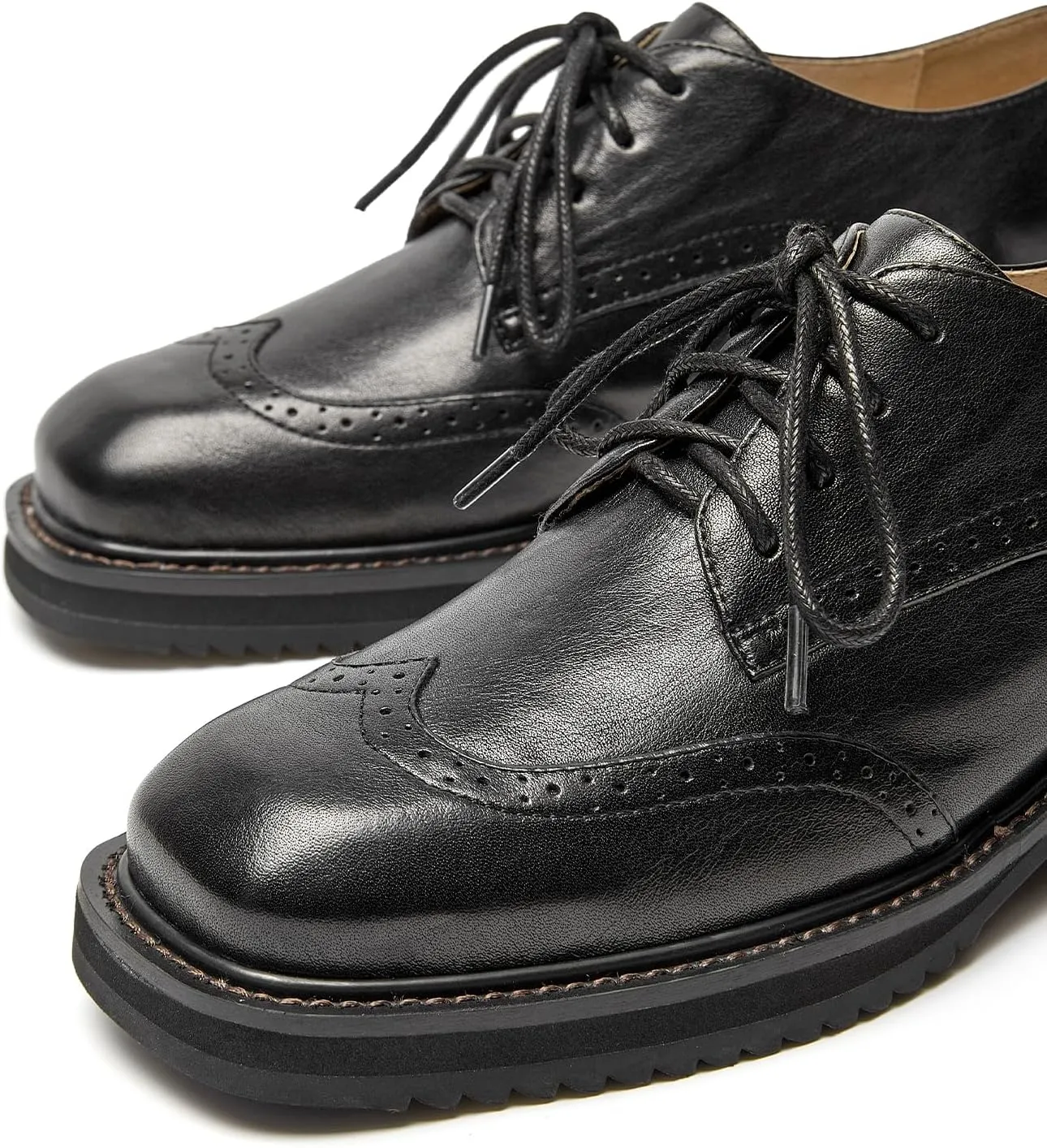 BEAU TODAY Oxford Shoes for Women,Leather Brogue Dress Shoes,Comfort Brethable Ladies Lace-up Handmade Wingtip Shoes for Business Work
