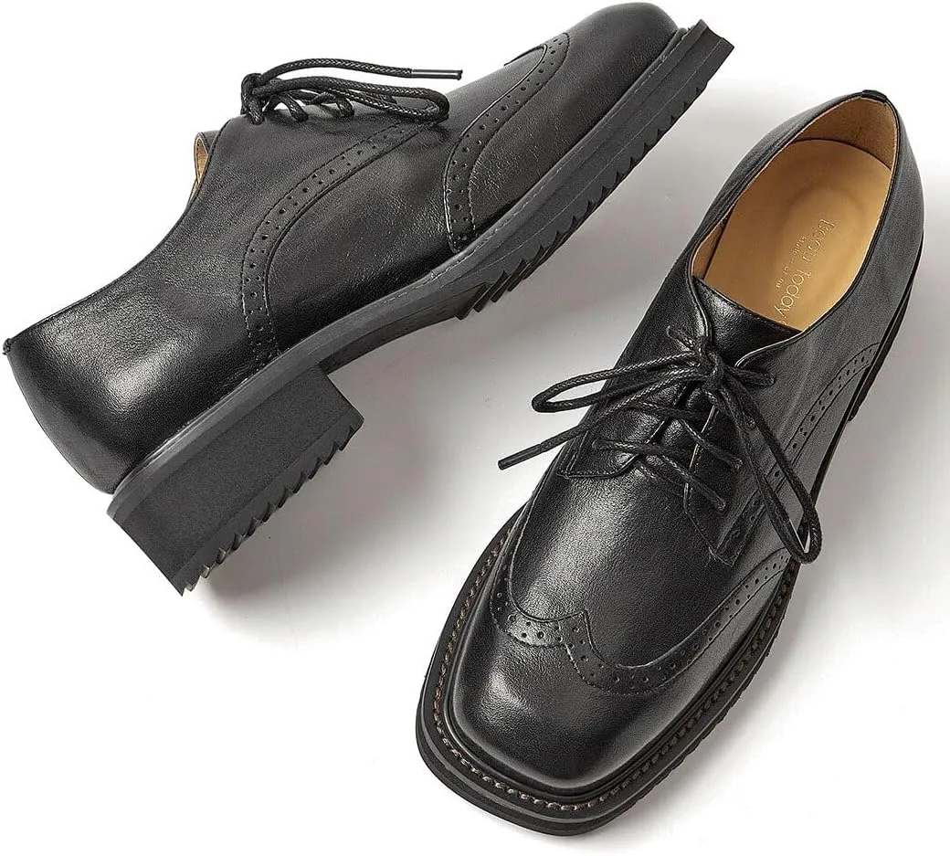 BEAU TODAY Oxford Shoes for Women,Leather Brogue Dress Shoes,Comfort Brethable Ladies Lace-up Handmade Wingtip Shoes for Business Work