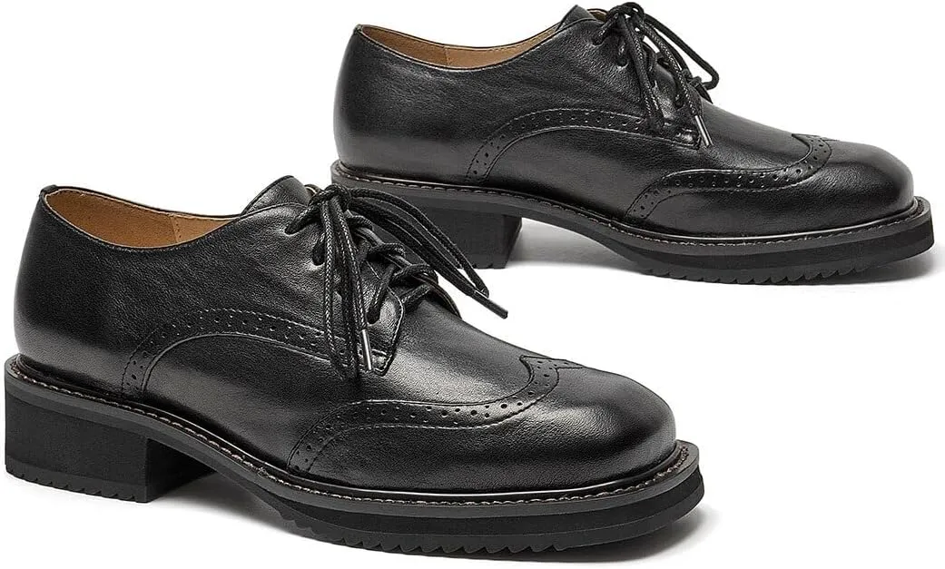 BEAU TODAY Oxford Shoes for Women,Leather Brogue Dress Shoes,Comfort Brethable Ladies Lace-up Handmade Wingtip Shoes for Business Work
