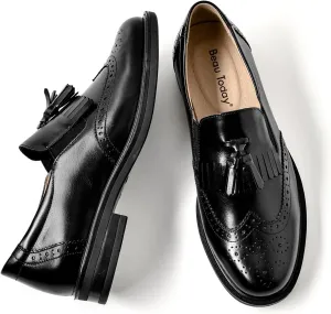 BEAU TODAY Tassel Loafers for Women,Leather Brogue Dress Shoes,Wingtips Oxford for Women,Breathable Comfortable Slip-on Lace-up Handmade Flat Shoes for Business Work