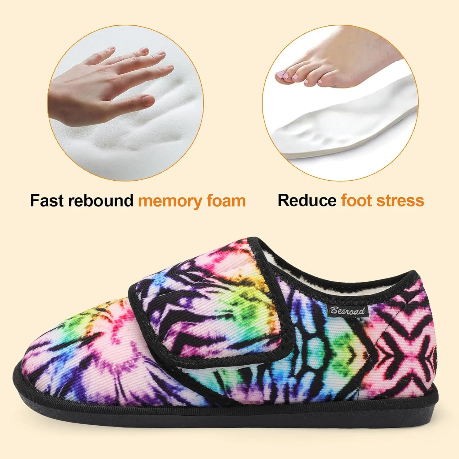 Besroad Womens Furry Memory Foam House Slippers Wide Diabetic Shoes Adjustable Bedroom Slippers Arthritis Edema Swollen House Shoes Indoor Outdoor