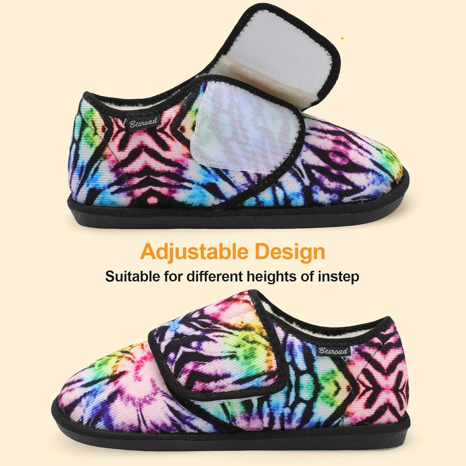 Besroad Womens Furry Memory Foam House Slippers Wide Diabetic Shoes Adjustable Bedroom Slippers Arthritis Edema Swollen House Shoes Indoor Outdoor