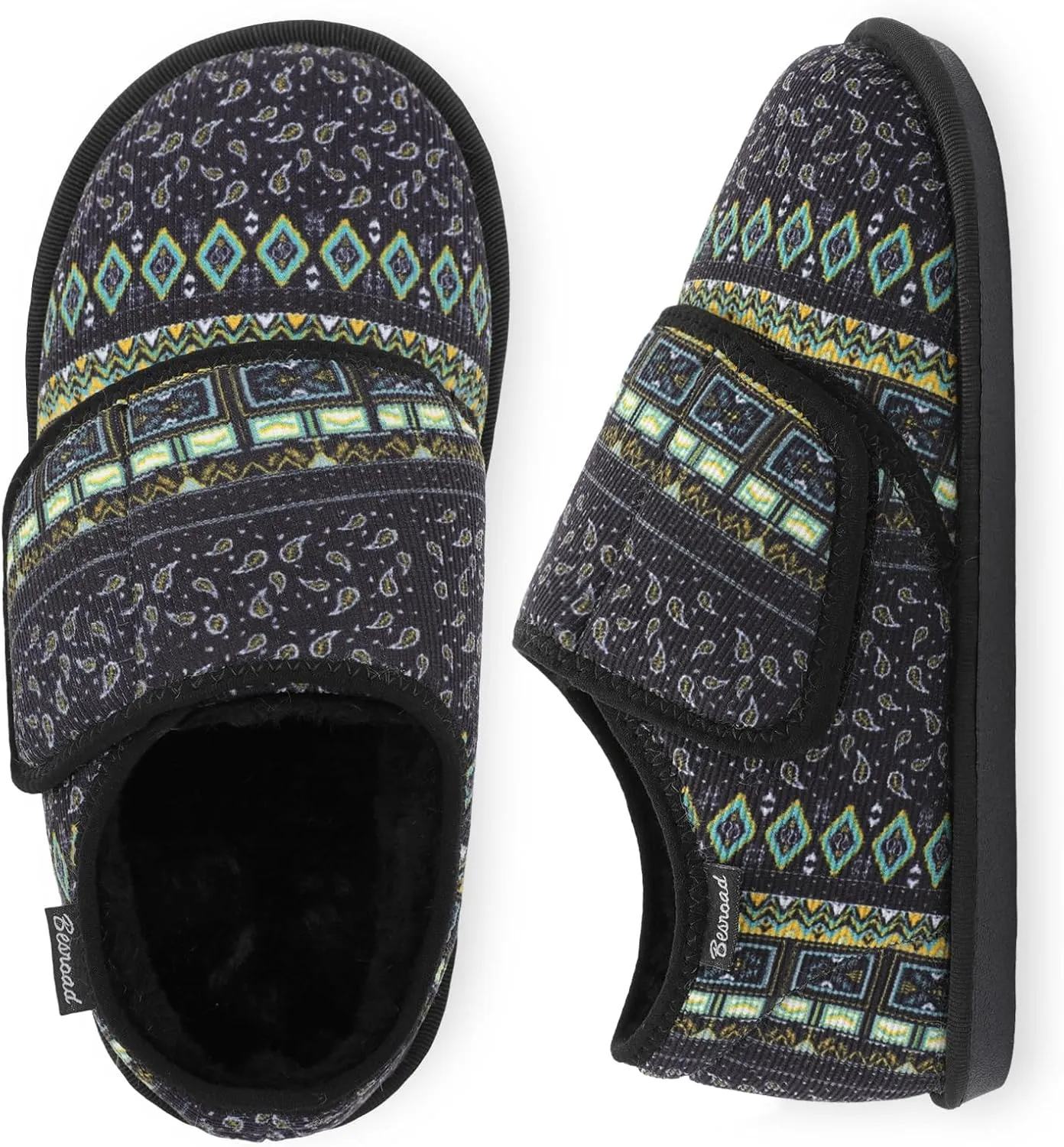 Besroad Womens Furry Memory Foam House Slippers Wide Diabetic Shoes Adjustable Bedroom Slippers Arthritis Edema Swollen House Shoes Indoor Outdoor