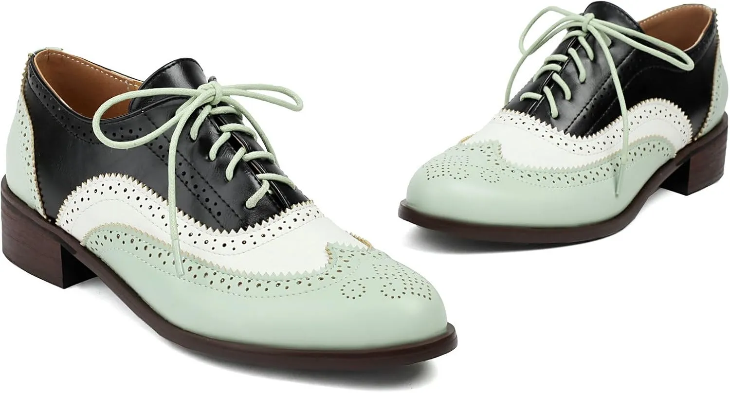 Betastella Womens Lace Up Wingtip Oxford Shoes Vintage Brogue Oxfords Round Toe Chunky Low Heel Pumps Shoes