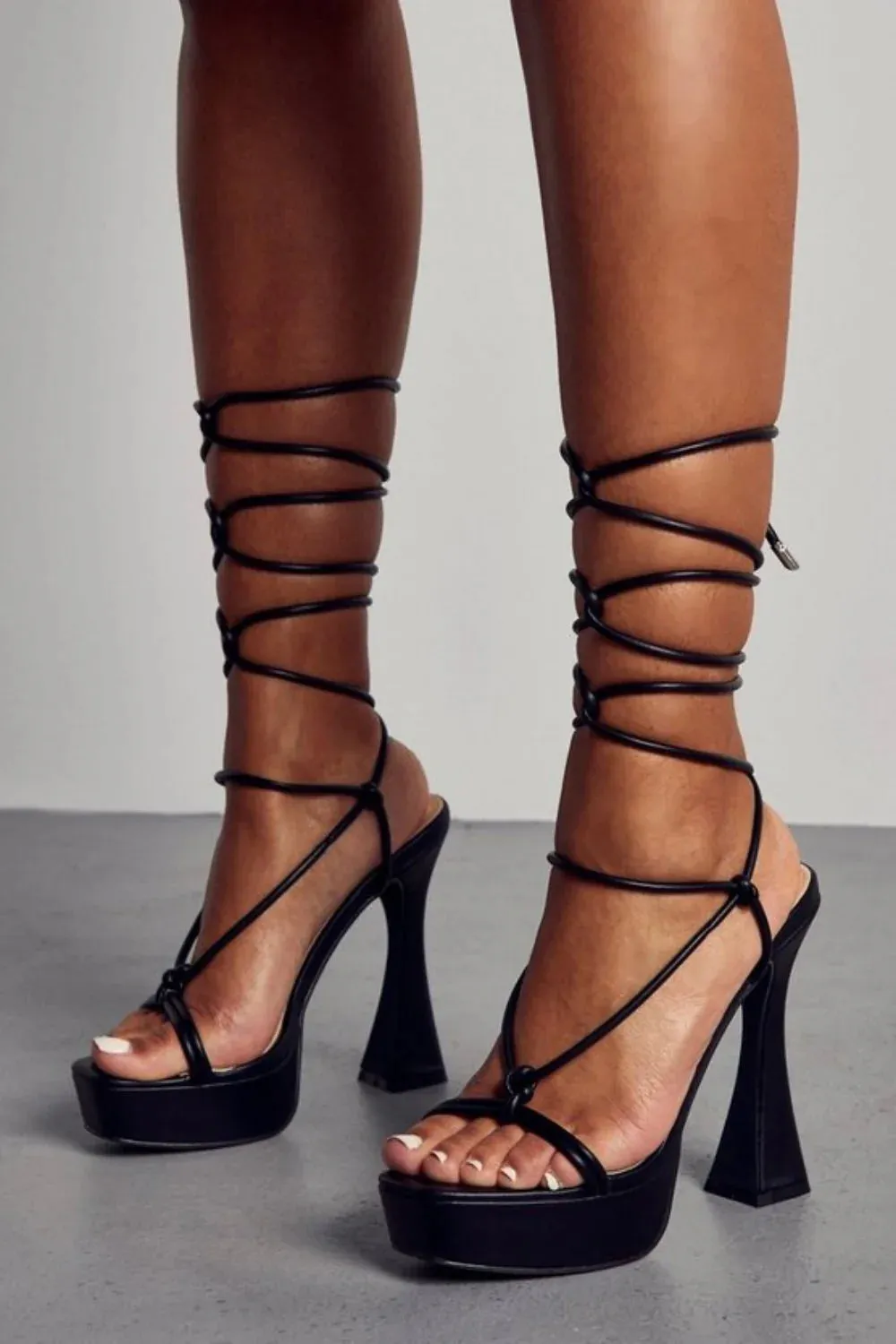 Black PU Platform Lace Up Detail High Heel