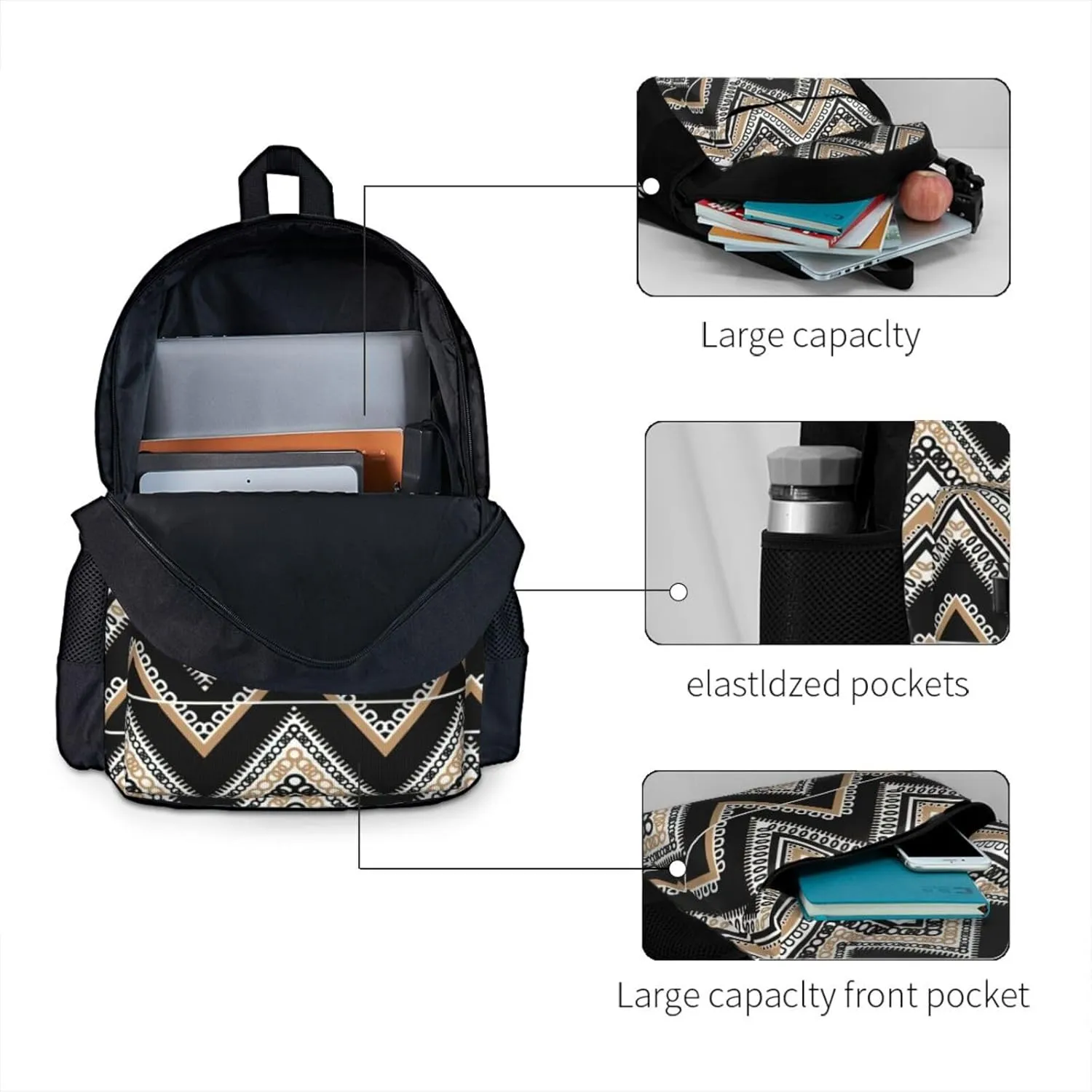 Black White Tan Zigzag Print Storage Bag, Shoulder Bag, Leisure Bag, Large Capacity Leisure Travel Shoulder Bag