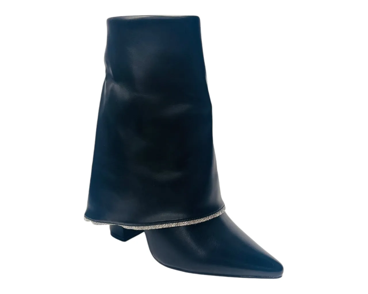Block Heel Fold Over Rhinestone Ankle Boots