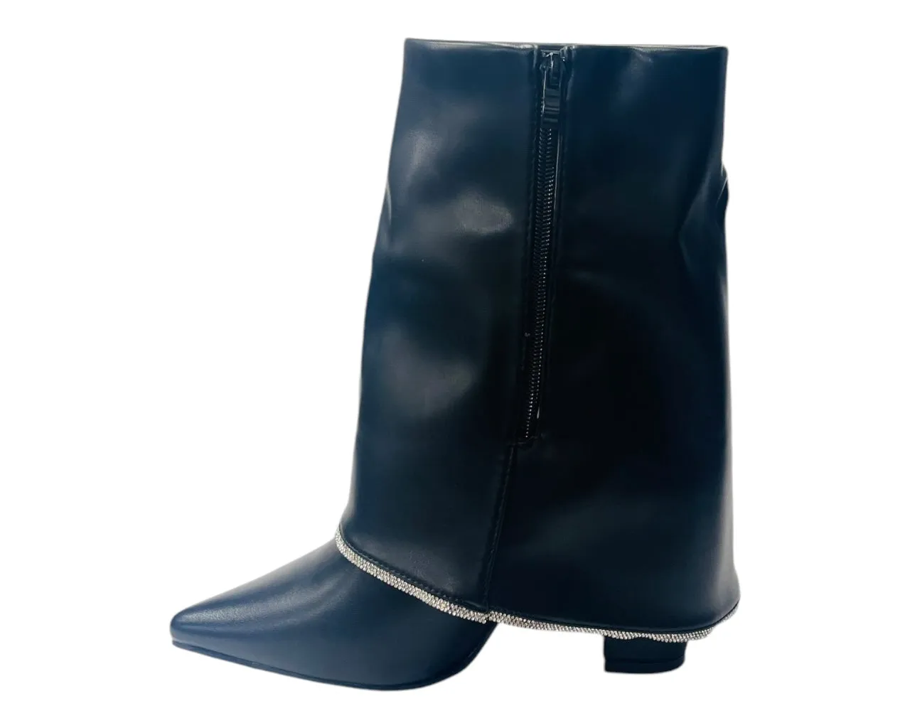 Block Heel Fold Over Rhinestone Ankle Boots
