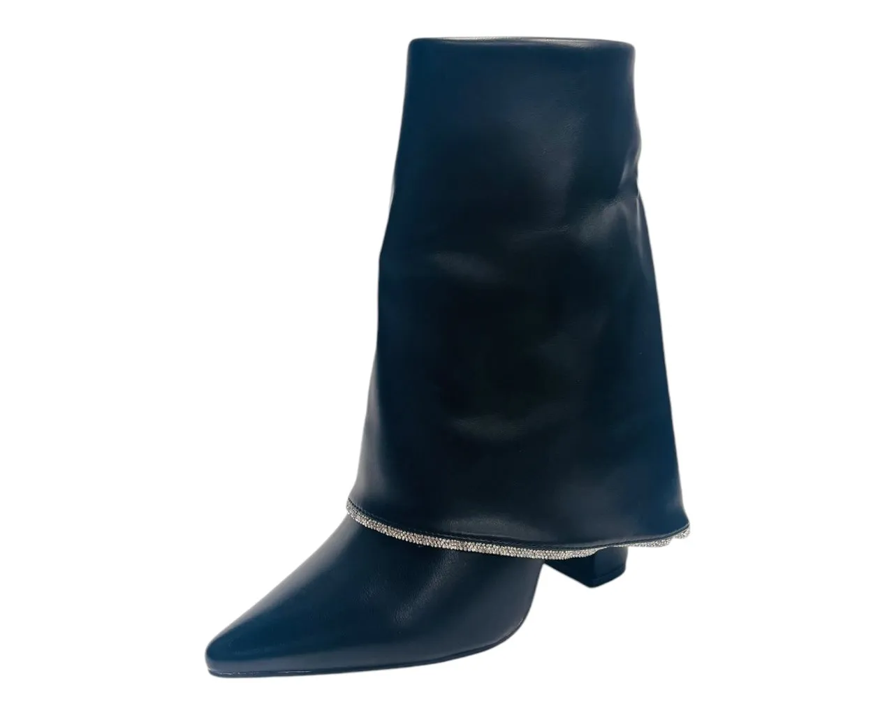 Block Heel Fold Over Rhinestone Ankle Boots