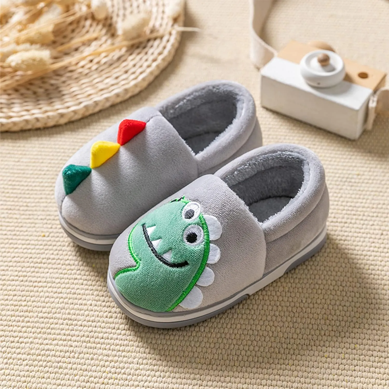 Boy's Girls Cute Dinosaur Warm Slippers - Kids Soft Plush Lined House Indoor Slip on Shoes