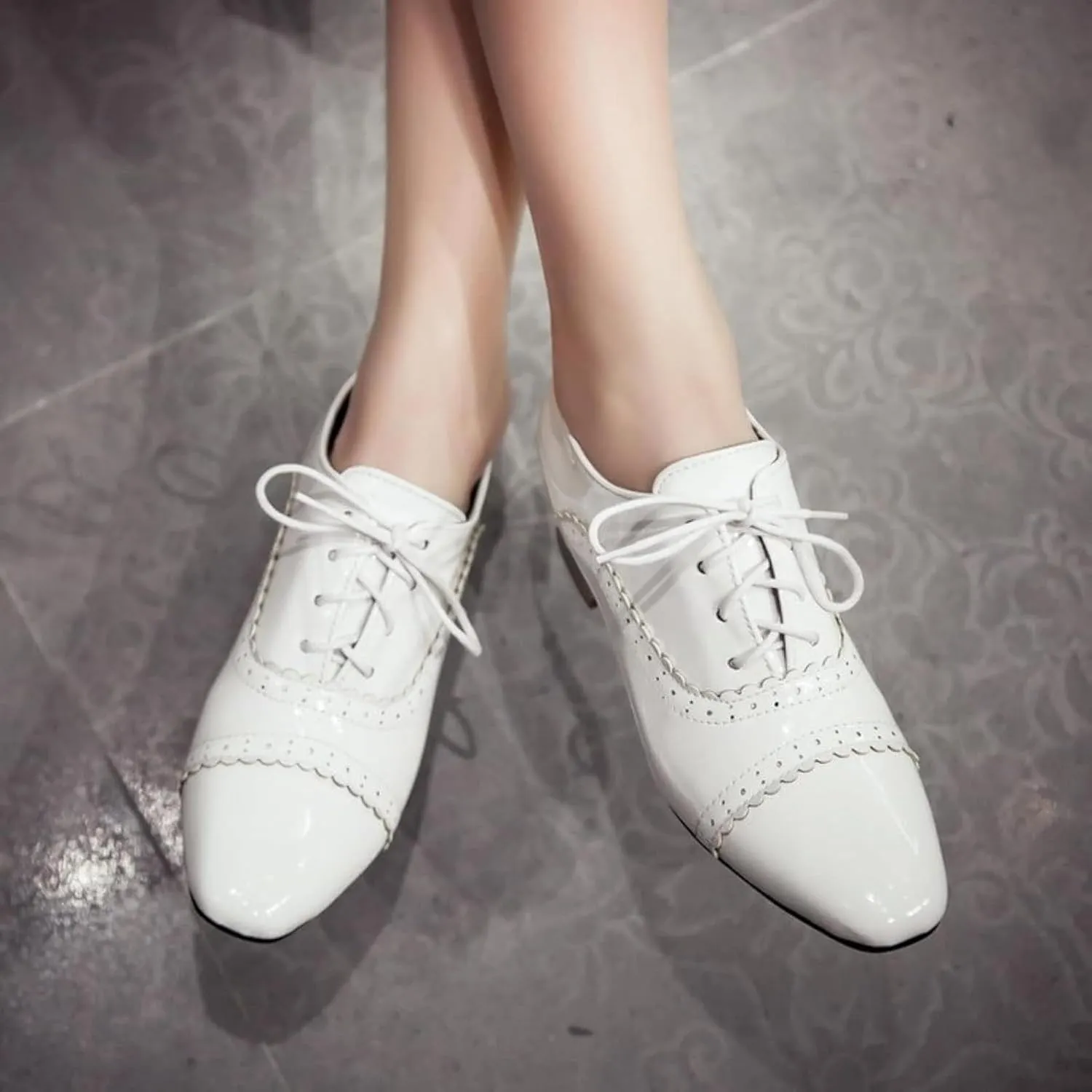 Brogue Women's High Heels Patent Leather Lace Oxford Shoes Comfortable High Heels Women's Party Dress Shoes