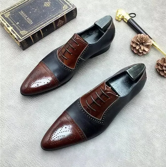 Brown & Black Oxford Leather Brogue Formal Lace Up Dress Shoes For Mens