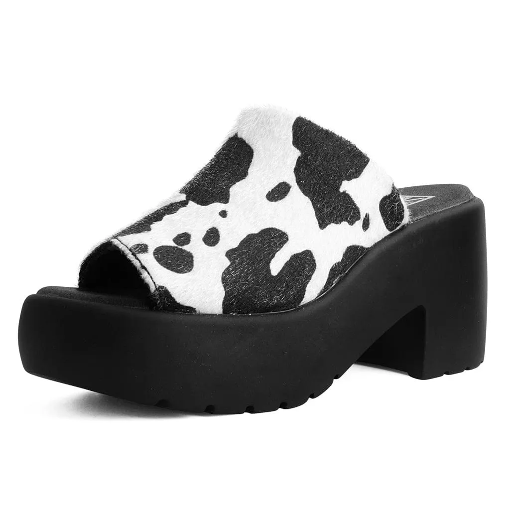Bubble Heel Mule Platform Sandal Cow Print Faux Fur