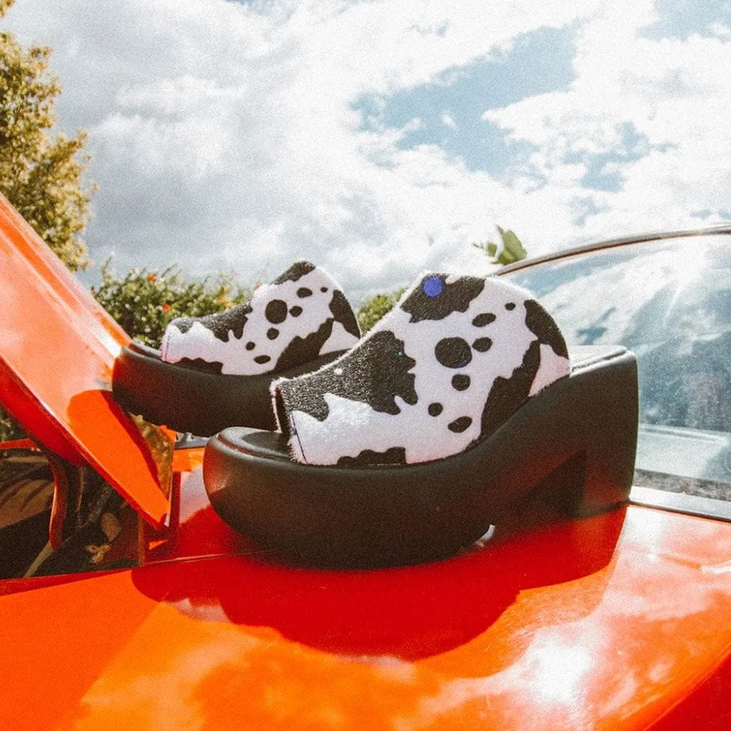 Bubble Heel Mule Platform Sandal Cow Print Faux Fur