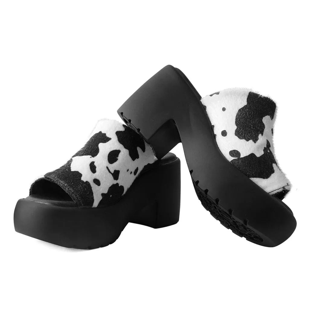 Bubble Heel Mule Platform Sandal Cow Print Faux Fur