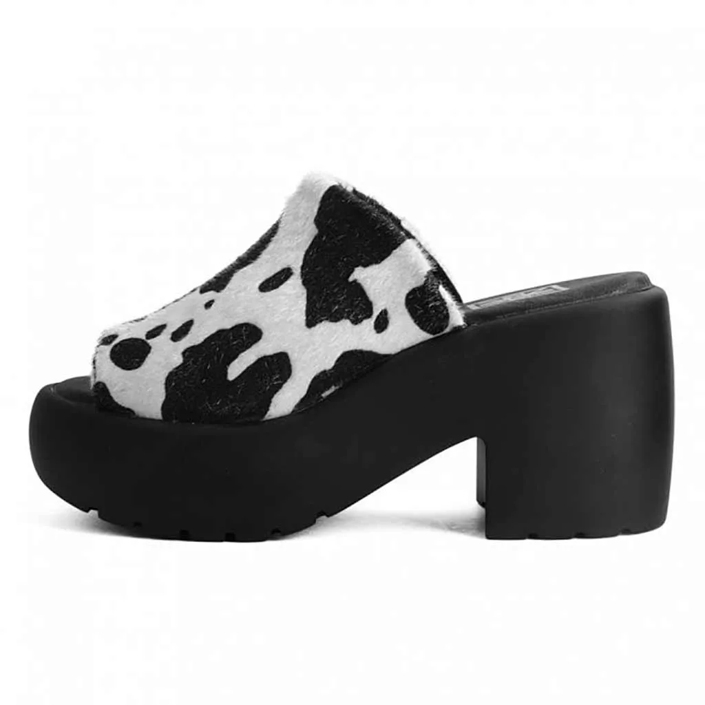 Bubble Heel Mule Platform Sandal Cow Print Faux Fur