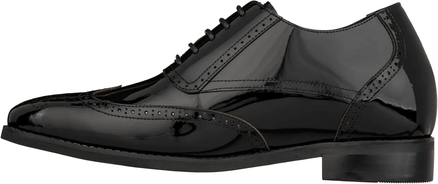 CALTO Men's Invisible Height Increasing Elevator Shoes - Black Patent Leather Lace-up Wing-tip Formal Oxfords - 3 Inches Taller - S1015 - Size 9 D(M) US