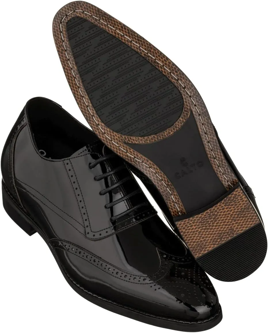 CALTO Men's Invisible Height Increasing Elevator Shoes - Black Patent Leather Lace-up Wing-tip Formal Oxfords - 3 Inches Taller - S1015 - Size 9 D(M) US