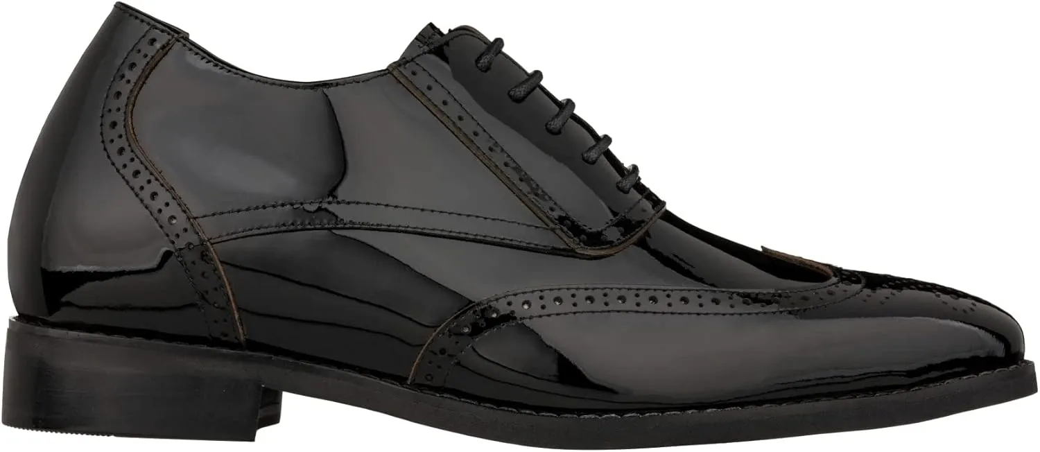 CALTO Men's Invisible Height Increasing Elevator Shoes - Black Patent Leather Lace-up Wing-tip Formal Oxfords - 3 Inches Taller - S1015 - Size 9 D(M) US