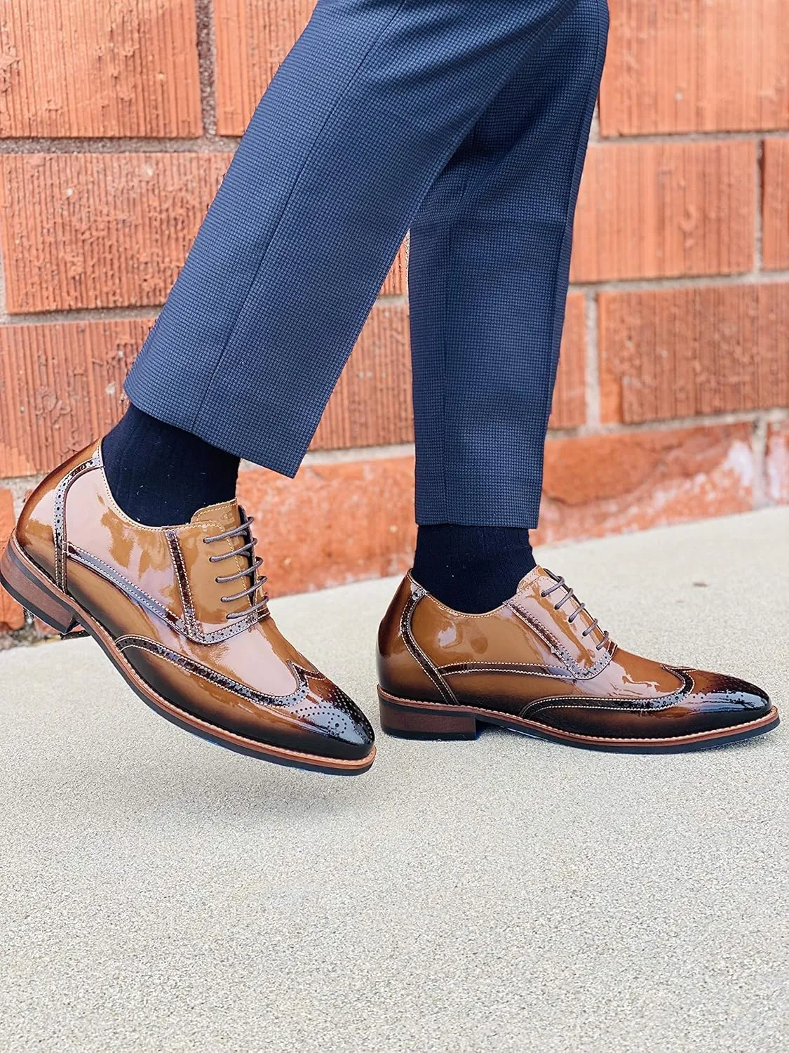 CALTO Men's Invisible Height Increasing Elevator Shoes - Dark Brown Patent Leather Lace-up Wing-tip Formal Oxfords - 3 Inches Taller - S1017 - Size 10 D(M) US